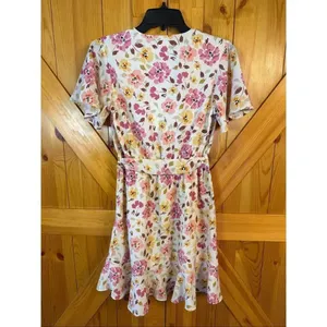 Sadie & Sage Cream Pink Floral Short Sleeve Faux Wrap Mini Dress Size Small (746 thumbnail 7