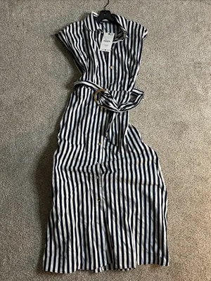 Zara Striped Linen Blend Button-Front Midi Dress Waist Tie - Navy & White thumbnail 4