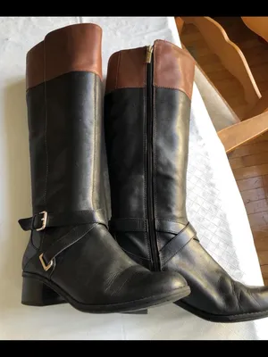 Bandolino Two-Tone Leather Riding Boots Black Brown Gold Buckle Size 6 thumbnail 2