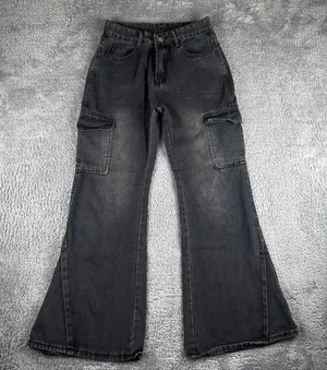 Unbranded Cargo Flare Jeans Womens 27 Washed Black High Rise‎ Wide Leg Utility thumbnail 1
