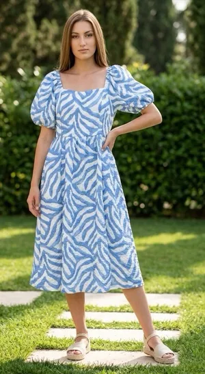 Time and Tru Puff Sleeve Midi Dress Womens XL Beachy Coastal Nautical Open Back thumbnail 1