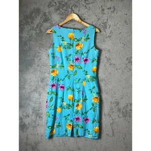 Vintage Linen Floral Sheath Dress Womens Size 8‎ Blue Sleeveless Garden Cottage thumbnail 3