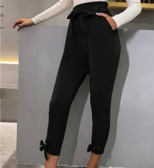 High Waist Belted Hem Cropped Pants Black Size XS thumbnail 1