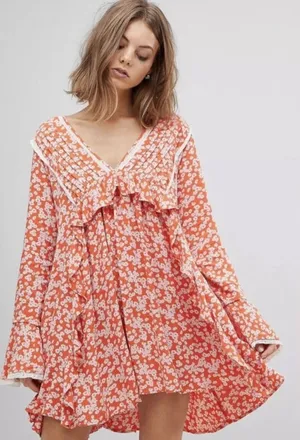 Free People Floral Mini Baby Doll Dress, Size M, Orange and White thumbnail 1