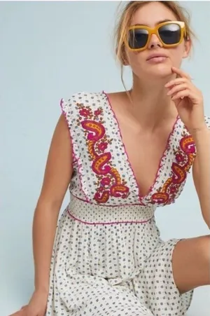 Anthropologie Lilka Maggie Embroidered Paisley Rayon Jersey Dress Size L Boho thumbnail 1