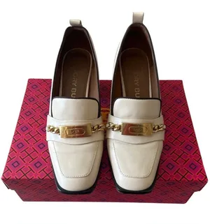 Tory Burch Perrine Heeled Loafers Cream Chain‎ Block Heel 7.5 thumbnail 1