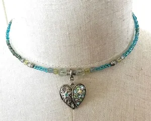 Blue beaded rhinestone heart choker necklace thumbnail 1
