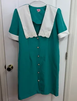 Vintage Lenore S teal lace embroidered collared button down maid dress‎ pleated thumbnail 1