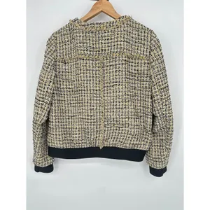 Ann Taylor Tweed‎ Jacket Bomber Zip Blazer Size 8 Fringe Career Yellow Metallic thumbnail 6