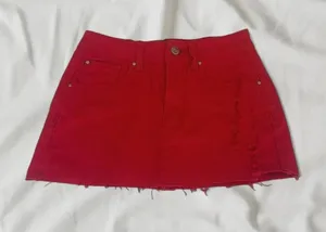 PrettyLittleThing Red Distressed Denim Mini Skirt Size 0 thumbnail 1