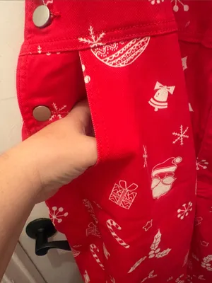 Christmas Red Printed Women’s Jeans Overalls with Holiday Motif size Large new thumbnail 3