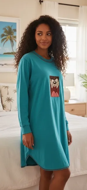 Vintage‎ 1997 Looney Tunes Taz Nightshirt Teal Cotton Long Sleeve Medium thumbnail 1