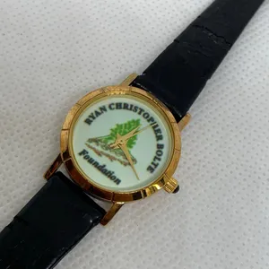 Vintage women gold tone watch quartz analog 22mm round black leather running thumbnail 2