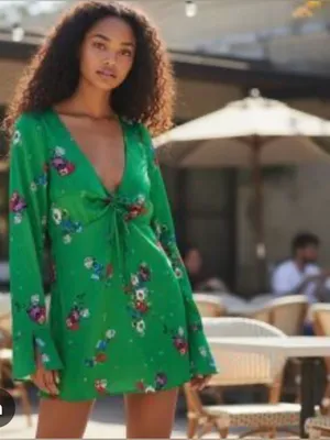 Free People Bright Green Floral Tie-Front Mini Dress V-Neck thumbnail 2