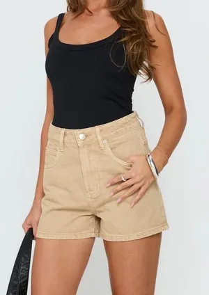 NWOT Princess Polly Denim Shorts‎ Womens Tan High Waisted Cotton Khaki 4 thumbnail 1