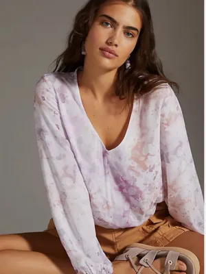 Anthropologie Cloth and Stone Splatter Print V-Neck Top Blouse Long Sleeve Size Small thumbnail 1