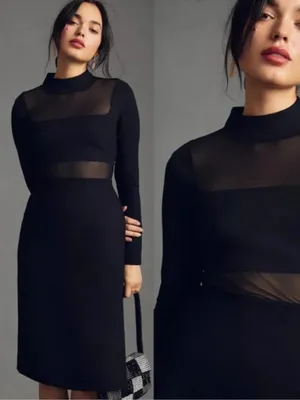 Anthropologie Black Sheer-Panel Long Sleeve Midi Dress thumbnail 2