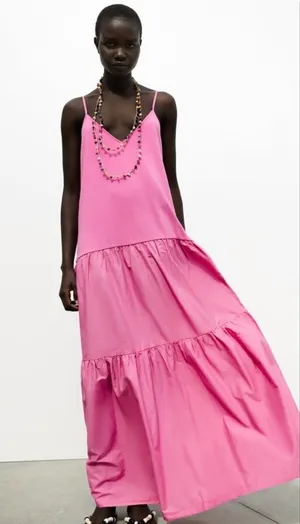 ZARA Mixed Material Drop Waist Tiered Sleeveless Maxi Dress Pink thumbnail 1