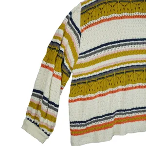 POL Striped Pointelle Knit Sweater Mustard Orange Cream Boho Retro Oversized‎ thumbnail 4