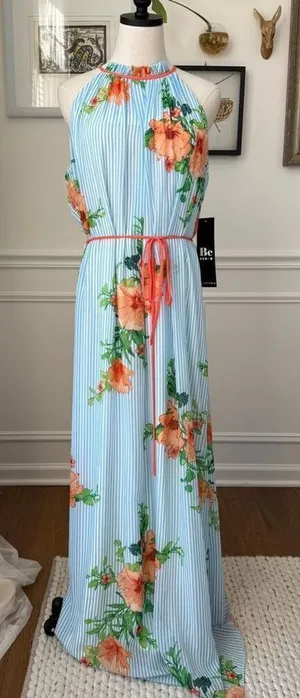 Chetta B NWT Be by Chetta Floral Stripe Maxi Dress High Neck $90 XL thumbnail 1