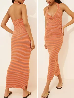 Pilcro High Tide Halter Slim Midi Dress Large Orange Stripe Anthropologie thumbnail 9