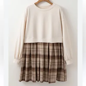 Chic Plaid A-Line Dress in Cream and Brown thumbnail 2