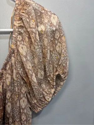Moon River Puff Sleeve Tiered Maxi Dress S Boho Bohemian Neutral Paisley Gold thumbnail 9