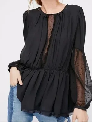 Free People Soul Serene Top Black Size XS Sheer Contrast Whimsigoth Boho Witchy thumbnail 2