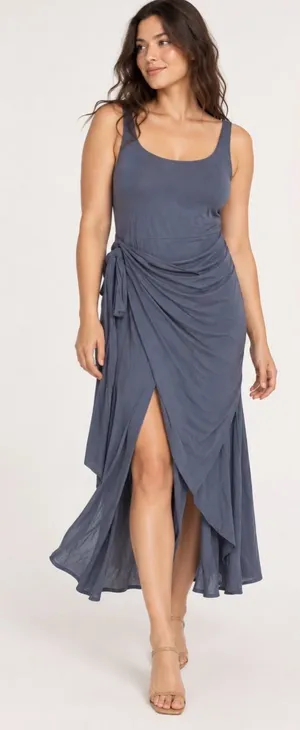 👗 Wilfred Draped Wrap Midi Dress XL Ruched Side Asymmetrical Hem Blue 👗 thumbnail 1