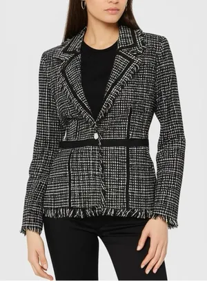 BISOU BISOU Michelle Bohbot Tweed Fringe Black Blazer Jacket Women’s Sz 6 Small thumbnail 1