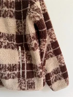 OFFLINE by Aerie Plaid Sherpa Fleece Quarter Zip Pullover Sweater Size Large Tan thumbnail 5