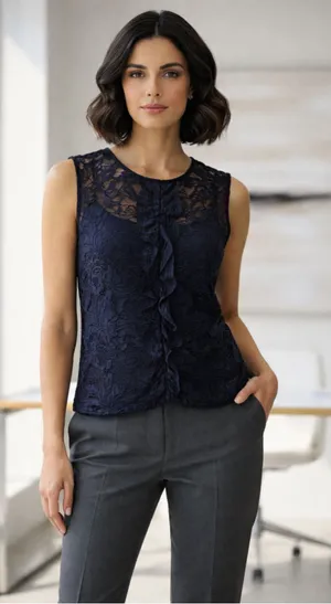 WHO WHAT WEAR Lace Ruffle Sleeveless Blouse Women's Size L Black NWT thumbnail 1