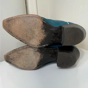 Justin Boots Vintage White Teal Western Cowgirl Boots Lizard Stitch 6.5 RARE thumbnail 6
