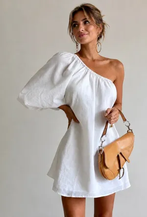 Commense Aegean Cotton Linen Minimalist Resort One Sleeve Short Dress White M thumbnail 1