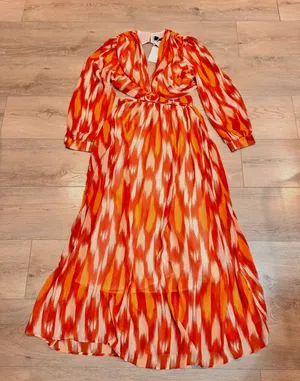 NWT O.P.T Kimia Orange Ikat Maxi Dress Belted Plunge‎ Neck Medium M thumbnail 1