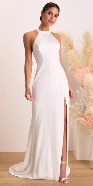 Lulus Radiant Adoration White Satin Lace Backless Halter Dress Elegant Medium thumbnail 1