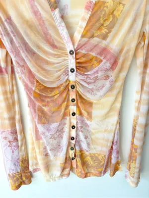 Free People Lucky Shirtee Light Combo Sheer Mesh Button Front Floral Patchwork thumbnail 5