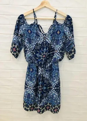 Bisou Bisou Michele Bohbot Blue Print Dress Cold Shoulder Blouson Mini dress thumbnail 5
