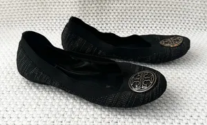 Tory Burch Black Gold Tweed Fabric Caroline Classic Reva Ballet Flats Shoes 6.5 thumbnail 1