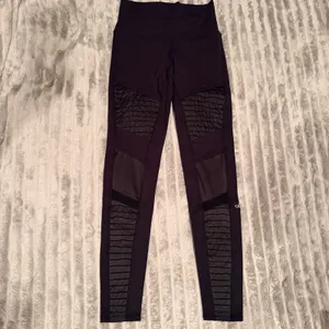 Alo Yoga Black Moto High Waisted Leggings Ribbed Mesh‎ Mixed Matte Shine S thumbnail 2