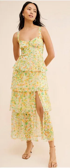 ASTR the Label Floral Chiffon‎ Maxi Dress Small Yellow Tiered Wedding Guest New thumbnail 1