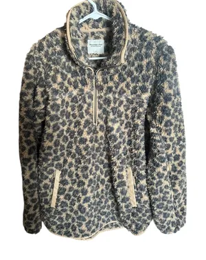 Abercrombie & Fitch Leopard Sherpa Fleece Quarter Zip Pullover Jacket Tan Grey L thumbnail 1