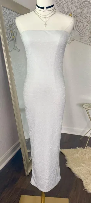 NWT Luvalot Silver Glitter Strapless Bandeau Tight Bodycon Midi Formal Dress S thumbnail 1