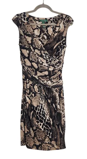 Lauren Ralph Lauren Black and Tan Snakeskin Print Faux Wrap Dress Size 8 thumbnail 1