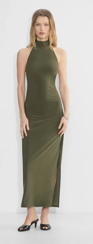 Aritzia Wilfred Smooth Matter Remedy Olive Green Halter Slit Maxi Dress Size XS thumbnail 1