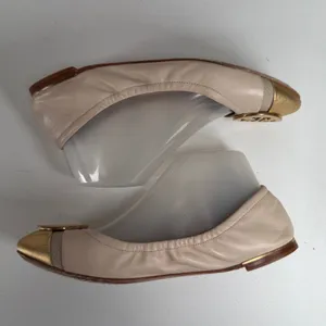 Tory Burch Minnie Womens 8.5 Cap Toe Logo Beige Gold Ballet Flat Slip On Shoe thumbnail 3
