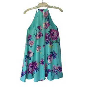 Everly Aqua Blue Floral Halter Trapeze Mini Dress Small Purple Pink Flower Print thumbnail 2