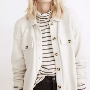 Madewell Brushed Cotton Button Up Cream Shacket Sweater Over Jacket thumbnail 1