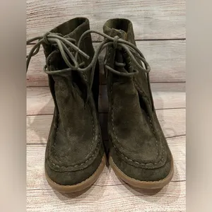 Lucky Brand Women's Ysabel Wedge Boots Size 8.5 olive green Suede Laced Boho thumbnail 4