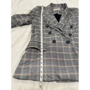 Free People Preppy Academia Plaid Double Breasted Blazer Sz:M Grey Yellow Jacket thumbnail 6